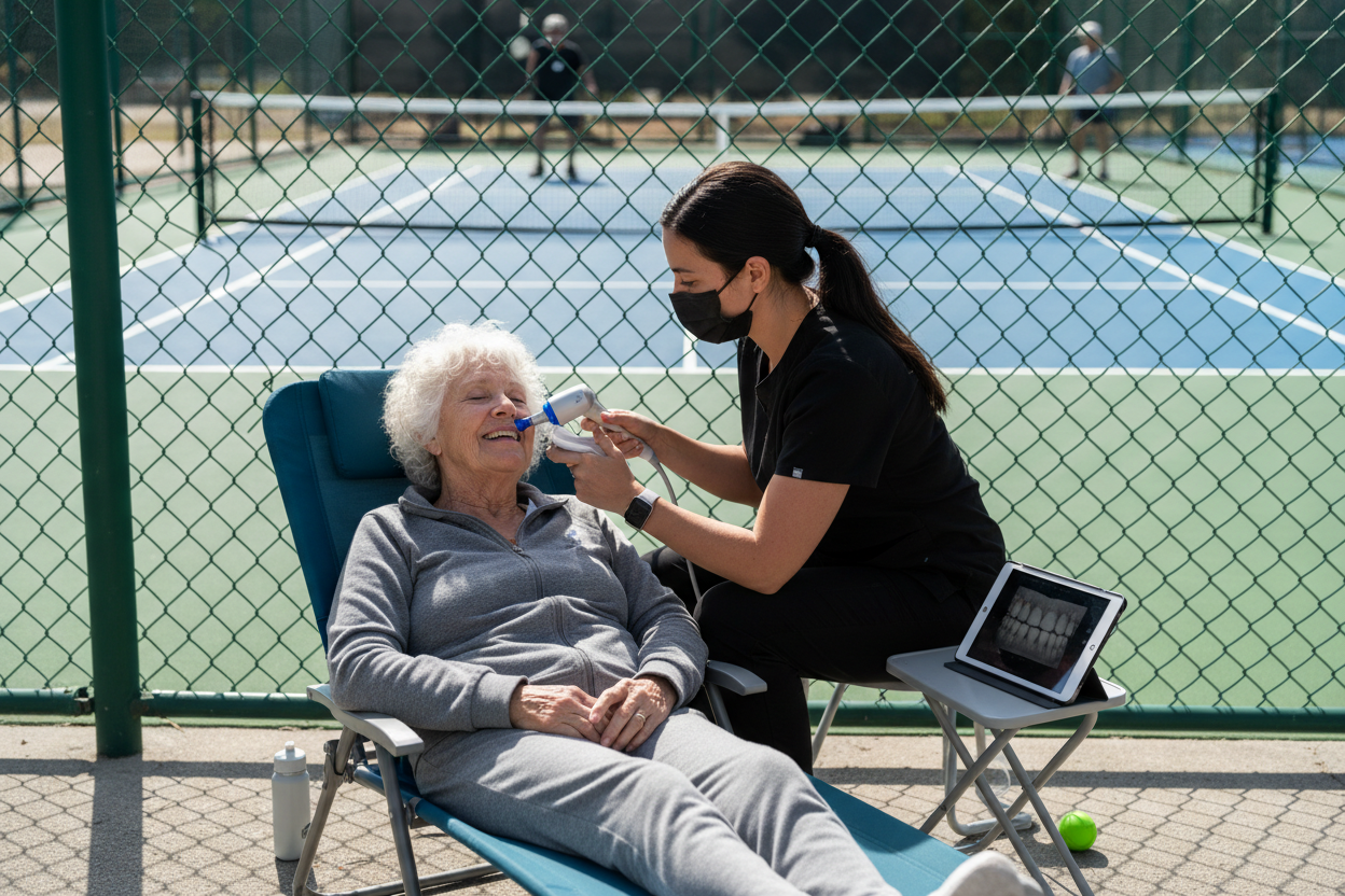 a picture of an elderly person in bed getting an oral digital scan for wearing dental night guard not as a patient, more like by a tennis court or pickle ball court, the tech is wearing black.